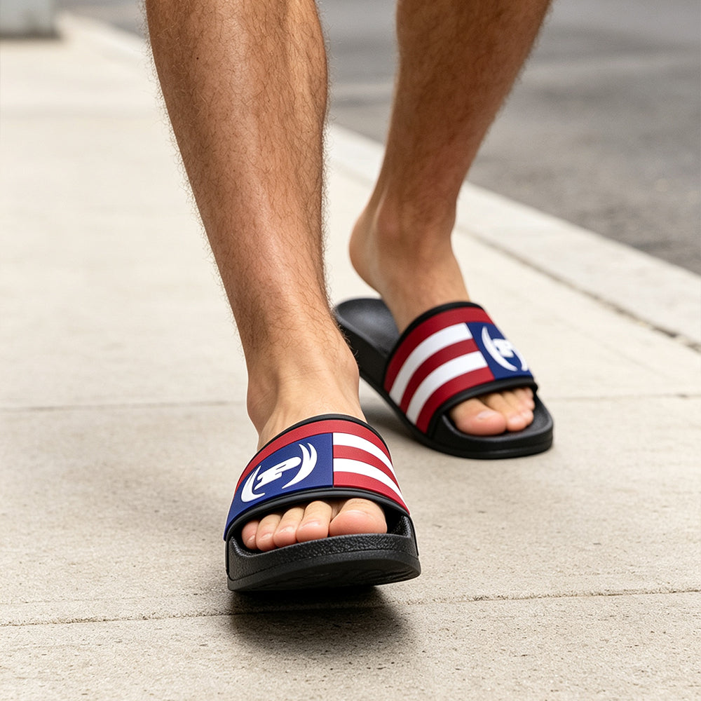 Men's American Flag Slide Sandals, Patriotic USA Stripe Open Toe Slip On Slippers, Comfort Soft EVA Non Slip Shower Slide Sandals for Indoor Outdoor Beach Pool Walking
