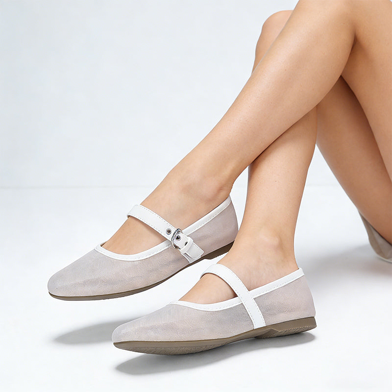 Omine Mesh Ballet Flats for Women Square Toe Mary Jane Flats Comfortable Casual Ballerina Shoes
