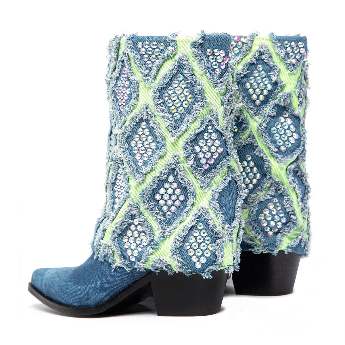 Omine Cowgirl Boots for Women Western Embroidered Washed Gingham Denim Cowgirl Boots Blue Mid Wide Calf Boots