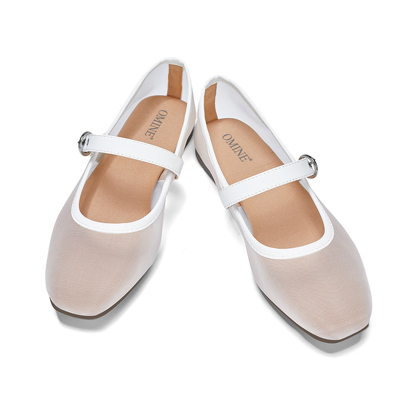 Omine Mesh Ballet Flats for Women Square Toe Mary Jane Flats Comfortable Casual Ballerina Shoes