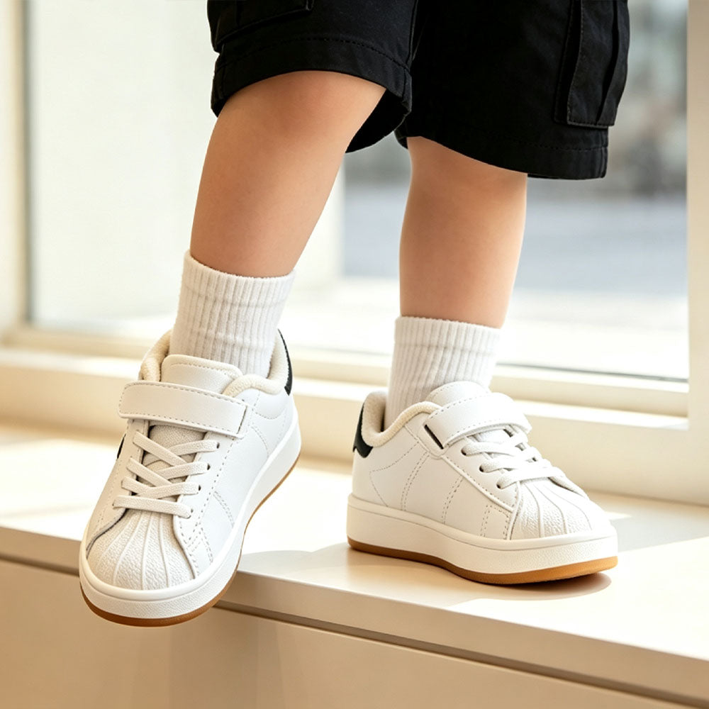 Toddler Boys Girls Warm Lined Shell Toe Sneakers, Winter Fleece Lined Kids Casual White Skate Shoes, Adjustable Hook and Loop Non Slip Rubber Sole Walking Shoes for Little Kids
