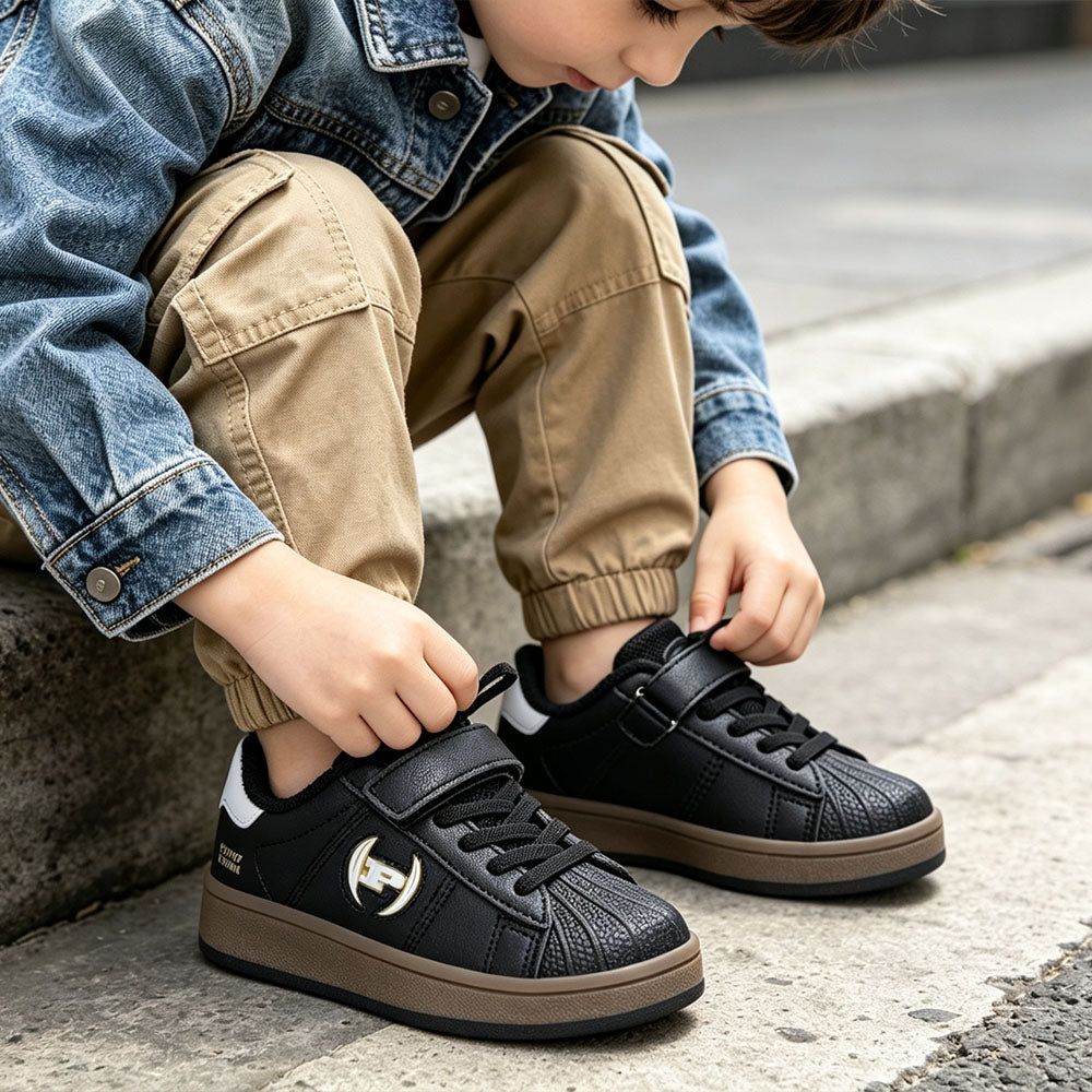 Phat Farm Toddler Boys Shell Toe Sneakers, Adjustable Hook and Loop Strap Casual Walking Shoes, Non-Slip Gum Rubber Sole Leather Kids Skate Board Sneakers for Little Kids