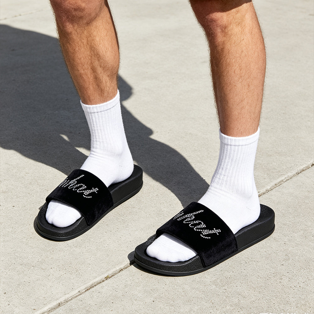 Men Rhinestone Velvet Slide Slippers, Open Toe Platform Slip On Sandals Non Slip Casual Slides Indoor & Outdoor