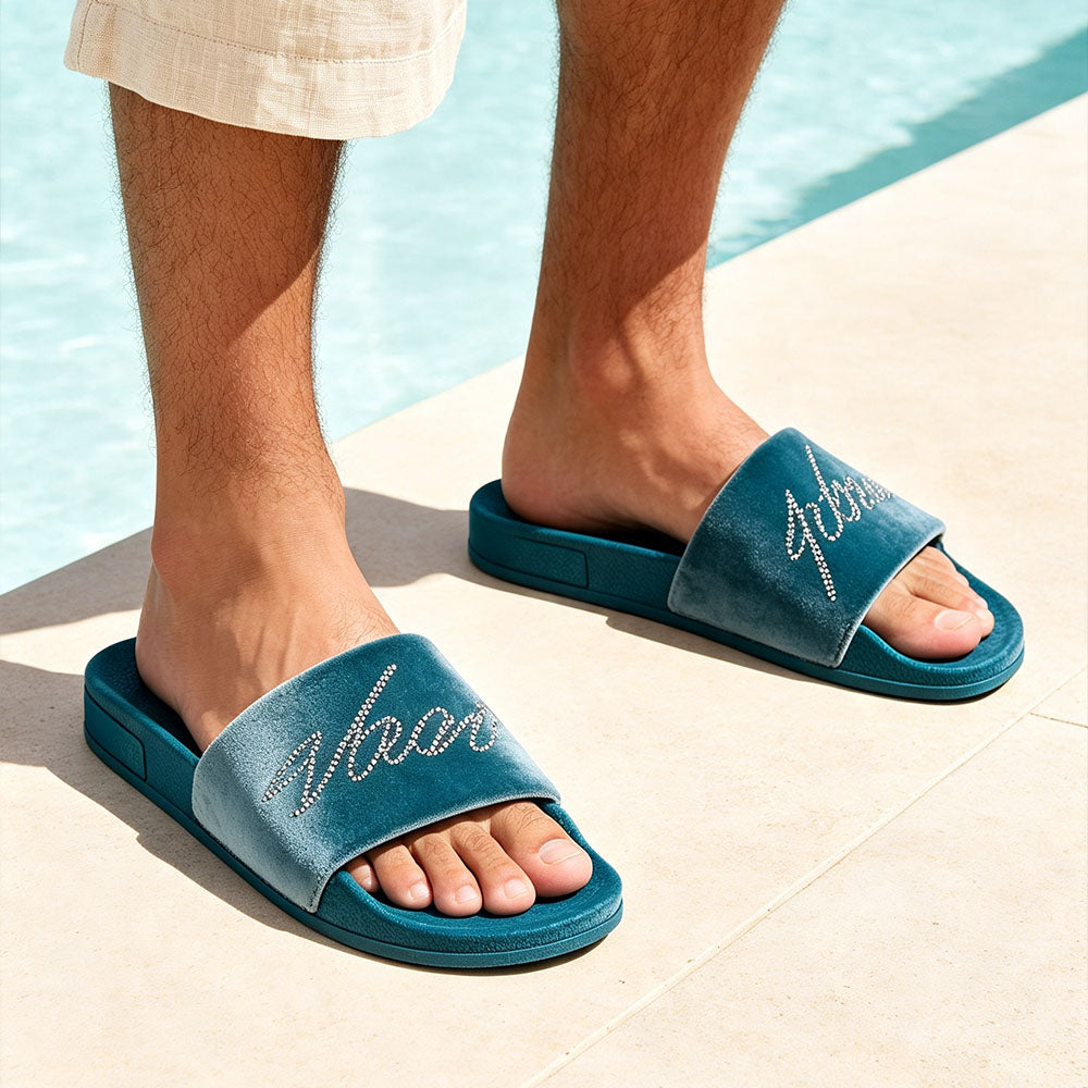 Men Luxury Velvet Slide Sandals, Sparkly Rhinestone Cursive Letter Slip On Open Toe Slippers, Soft Comfort Non-Slip Flat Casual Slides for Street, Pool, Home Daily Wear