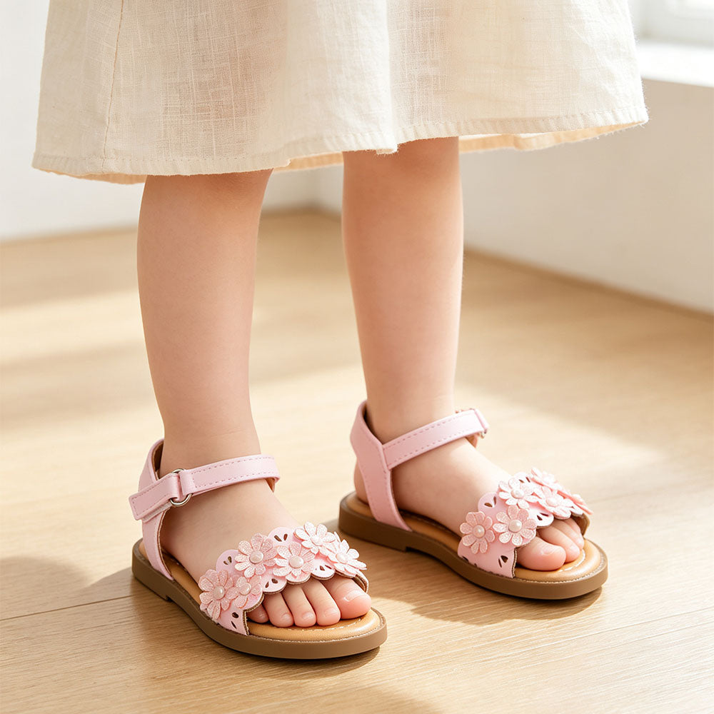 Toddler Girls Flower Sandals, Open Toe Princess Summer Sandals with Adjustable Ankle Strap, Cute Pearl Floral Flat Dress Shoes for Little Kids Walking