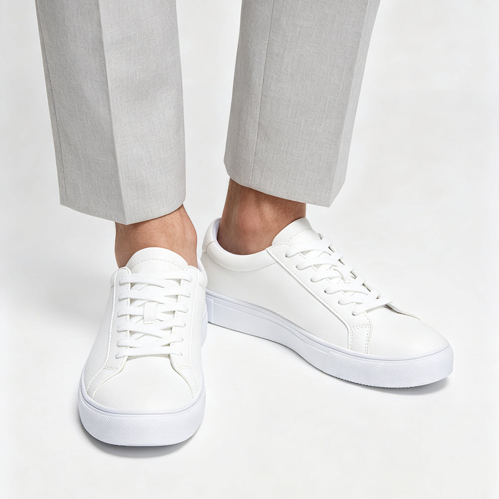 en's White Leather Sneakers, Classic Low Top Casual Skate Shoes, Lightweight Waterproof White Walking Shoes, Fashion Lace Up White Sneakers for Men Daily Work Business