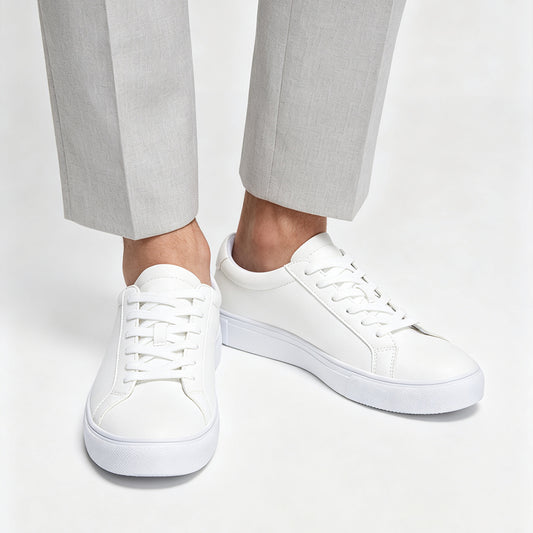 en's White Leather Sneakers, Classic Low Top Casual Skate Shoes, Lightweight Waterproof White Walking Shoes, Fashion Lace Up White Sneakers for Men Daily Work Business
