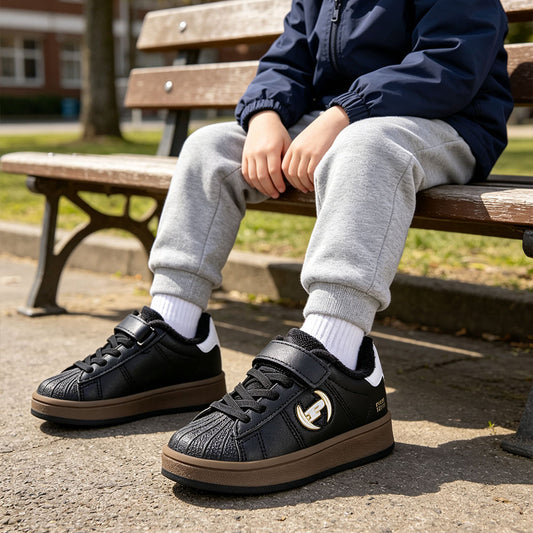 Toddler Boys Girls Winter Sneakers, Warm Fleece Lined Shell Toe Casual Shoes, Adjustable Strap Leather Kids Skate Board Shoes Non Slip Rubber Sole Walking Shoes for Little Kid