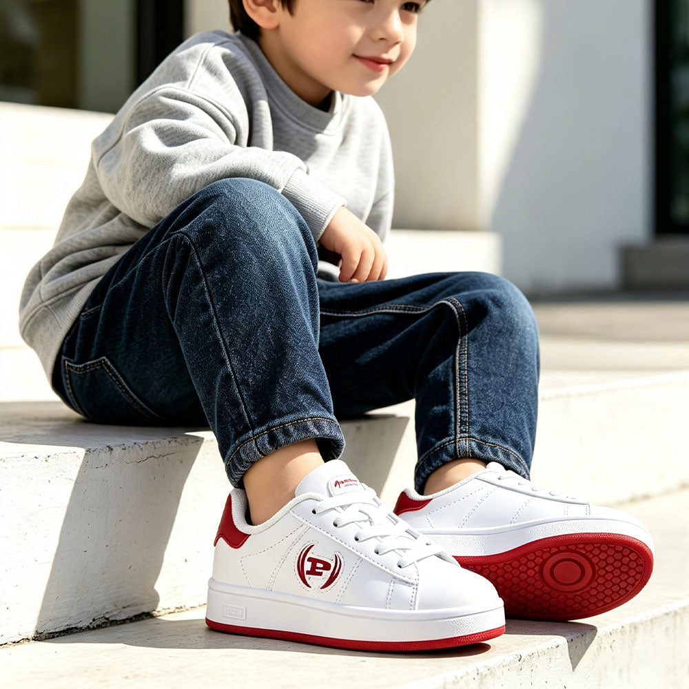 Kids Shell Toe Sneakers, Boys White Red Casual Skate Shoes, Lightweight Leather Walking Shoes, Non Slip Lace Up Toddler Little Kids Fashion Sport Sneakers for Daily School