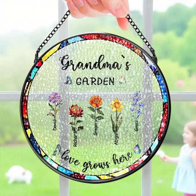 Personalized Birth Flower Glass Suncatcher with Child Name Grandma's Garden Window Hanging Gift for Grandmother
