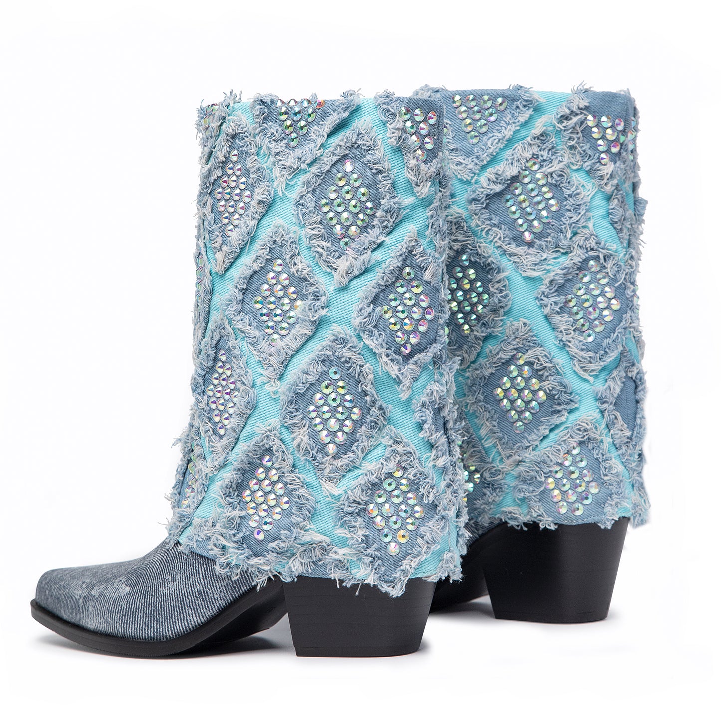 Omine Cowgirl Boots for Women Western Embroidered Washed Gingham Denim Cowgirl Boots Blue Mid Wide Calf Boots