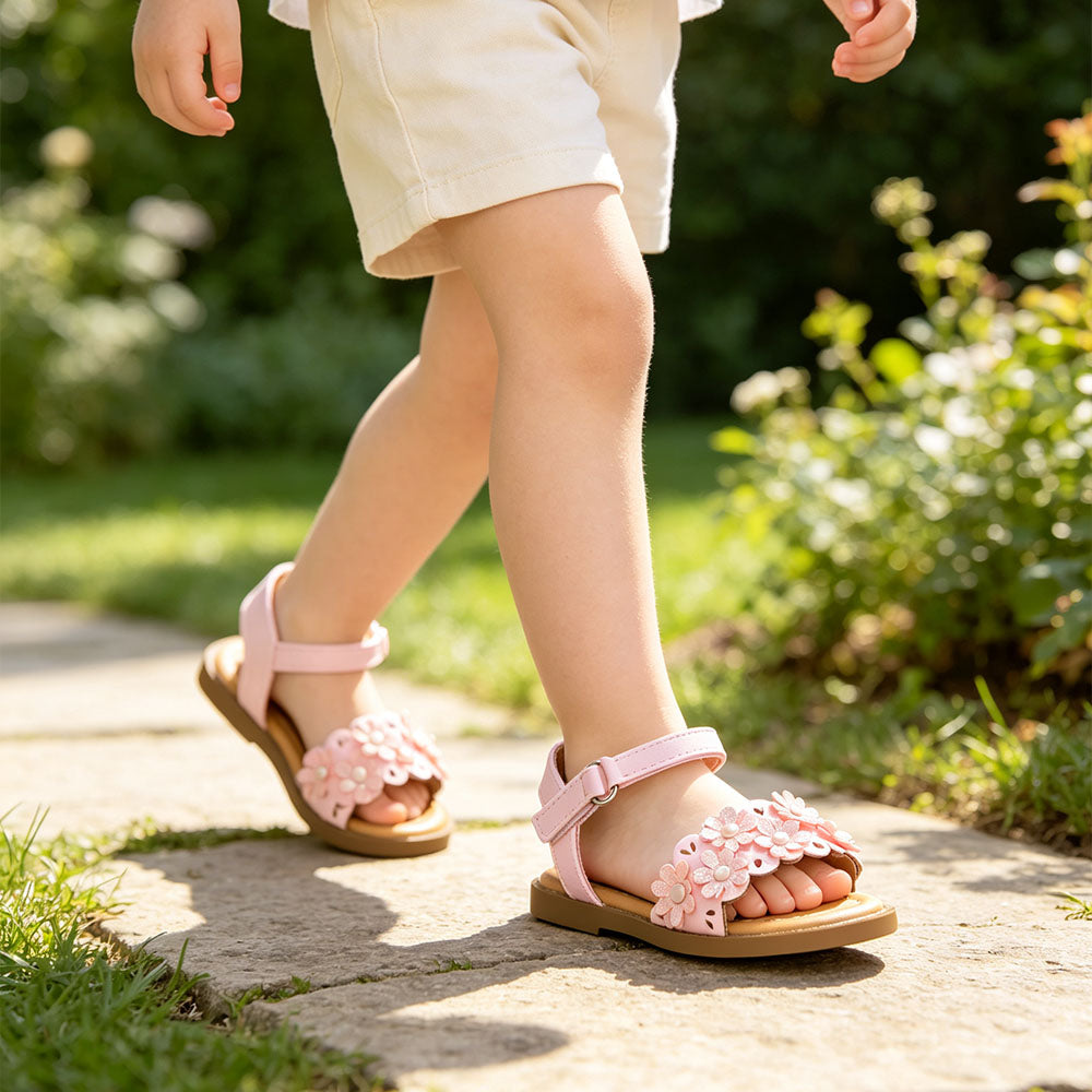 Toddler Girls Flower Sandals, Open Toe Princess Summer Sandals with Adjustable Ankle Strap, Cute Pearl Floral Flat Dress Shoes for Little Kids Walking