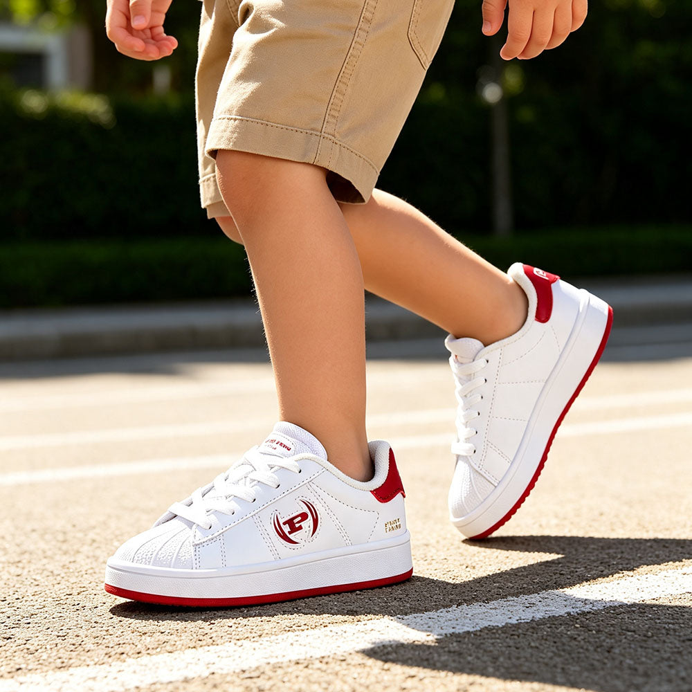 Kids Shell Toe Sneakers, Boys White Red Casual Skate Shoes, Lightweight Leather Walking Shoes, Non Slip Lace Up Toddler Little Kids Fashion Sport Sneakers for Daily School