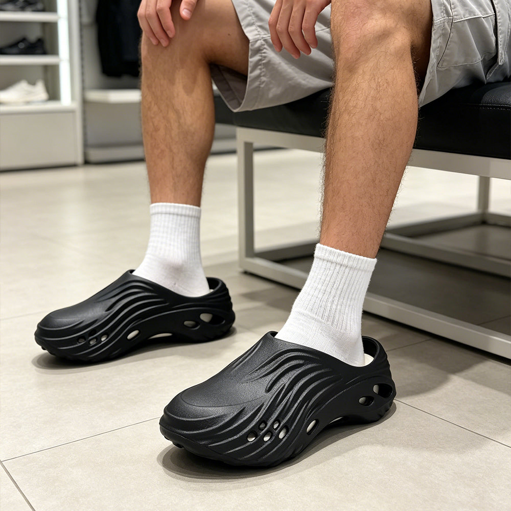 Men's Wave Textured Slip On Clogs, Lightweight EVA Hollow Out Slide Mules, Breathable Platform Water Shoes Non Slip Quick Dry Garden Beach Shower Slippers