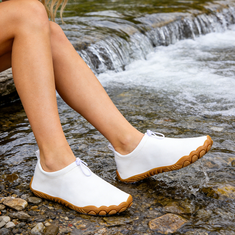 OMINE Cloth covered women's water skiing shoes - adjustable drawstring collar, white barefoot water sports socks with non slip sole, customizable