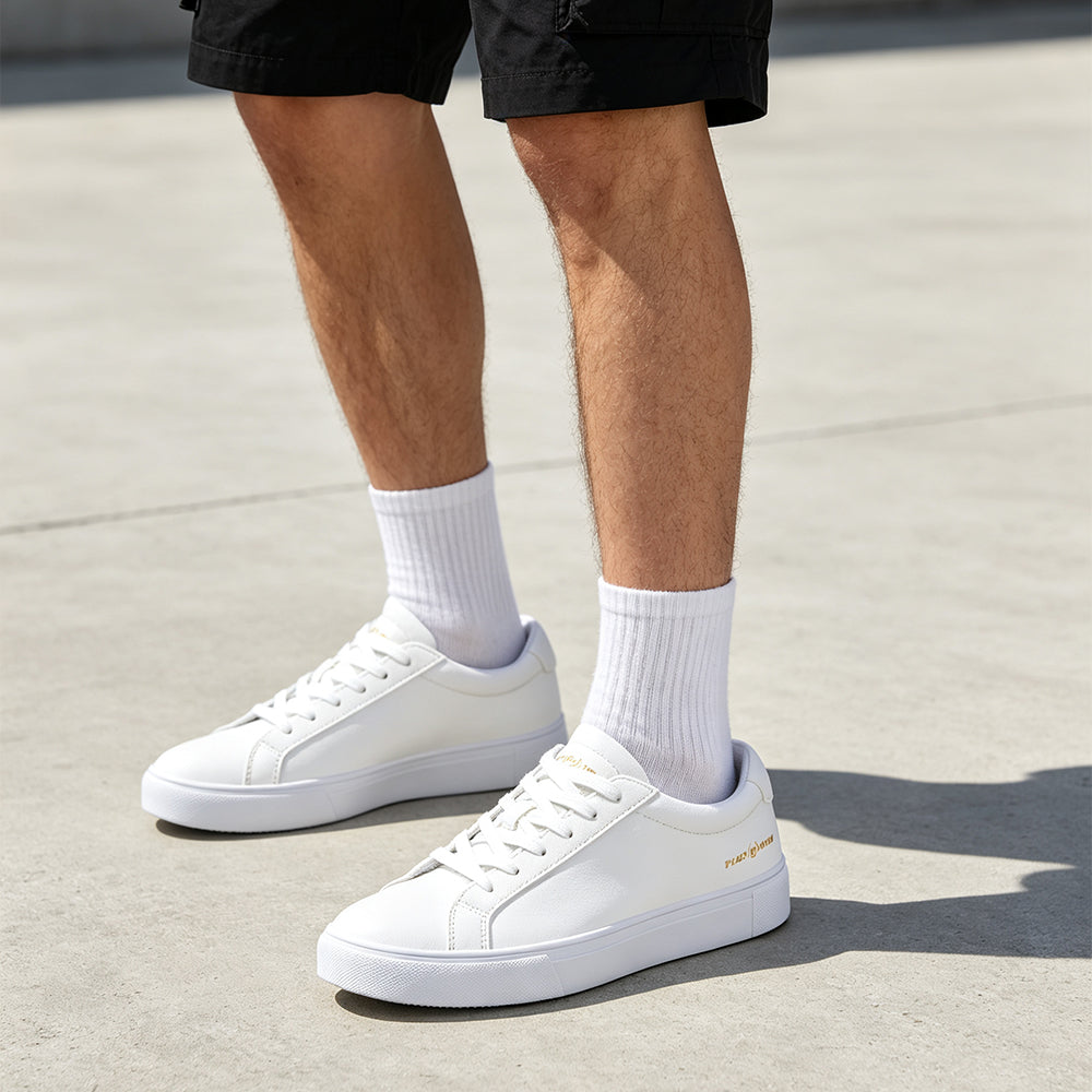 en's White Leather Sneakers, Classic Low Top Casual Skate Shoes, Lightweight Waterproof White Walking Shoes, Fashion Lace Up White Sneakers for Men Daily Work Business