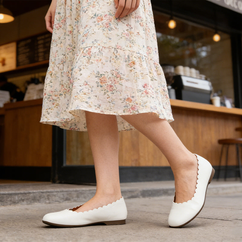 Omine   Classic Round Toe Ballet Flats Wave Pattern Edge Super Low Heel Flat Solid Color Full Size Comfort Party Dress Casual Shoes