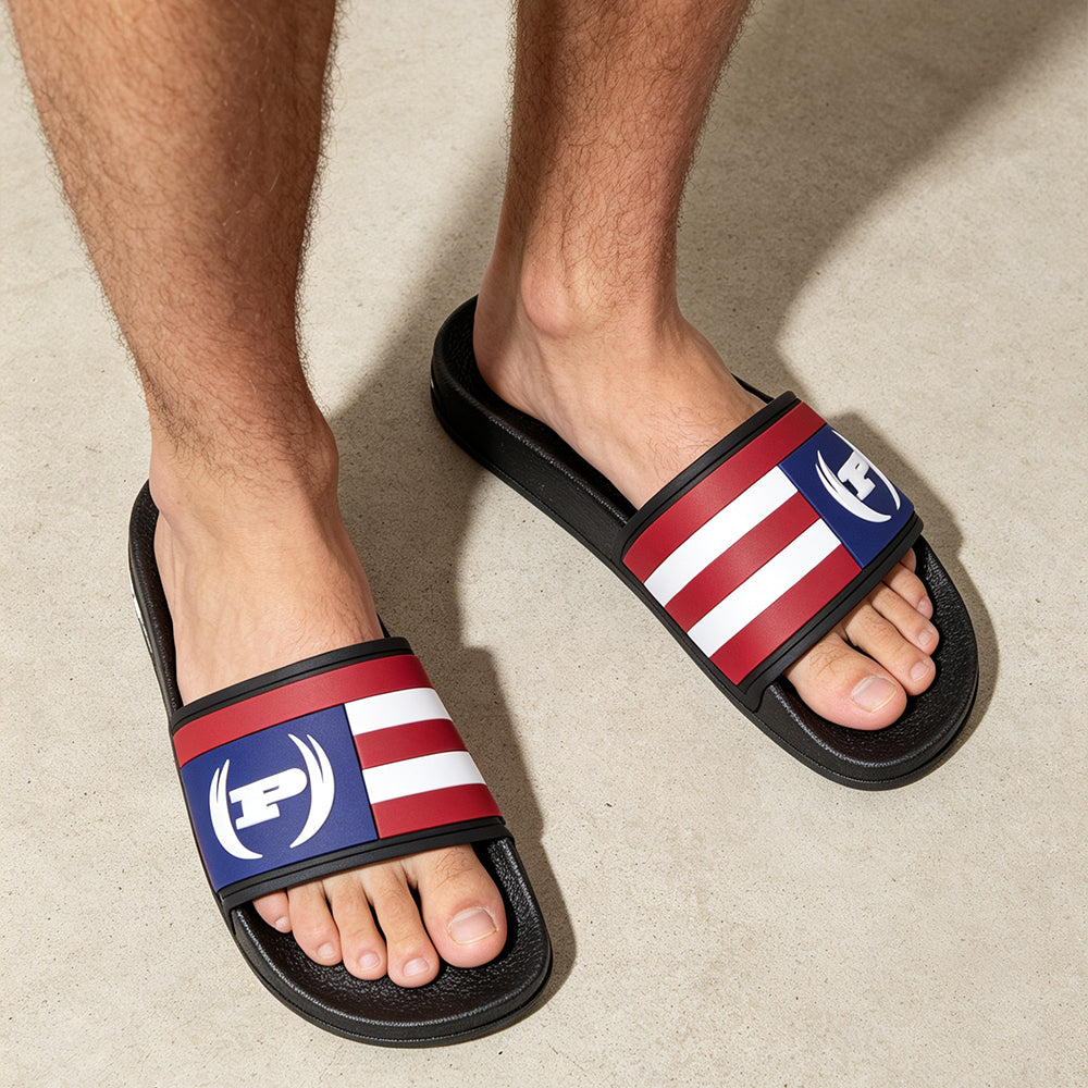 Men's American Flag Slide Sandals, Patriotic USA Stripe Open Toe Slip On Slippers, Comfort Soft EVA Non Slip Shower Slide Sandals for Indoor Outdoor Beach Pool Walking