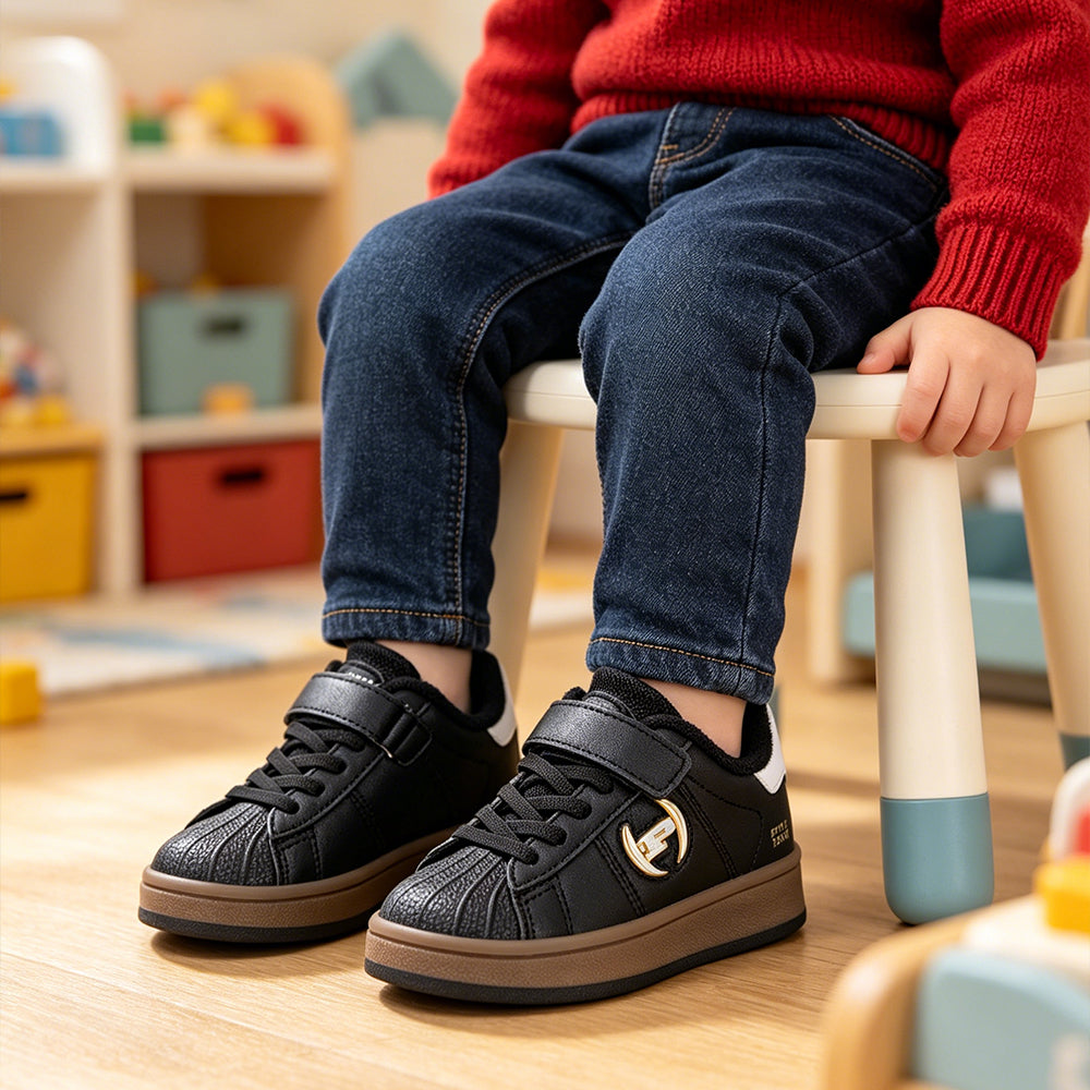 Phat Farm Toddler Boys Shell Toe Sneakers, Adjustable Hook and Loop Strap Casual Walking Shoes, Non-Slip Gum Rubber Sole Leather Kids Skate Board Sneakers for Little Kids