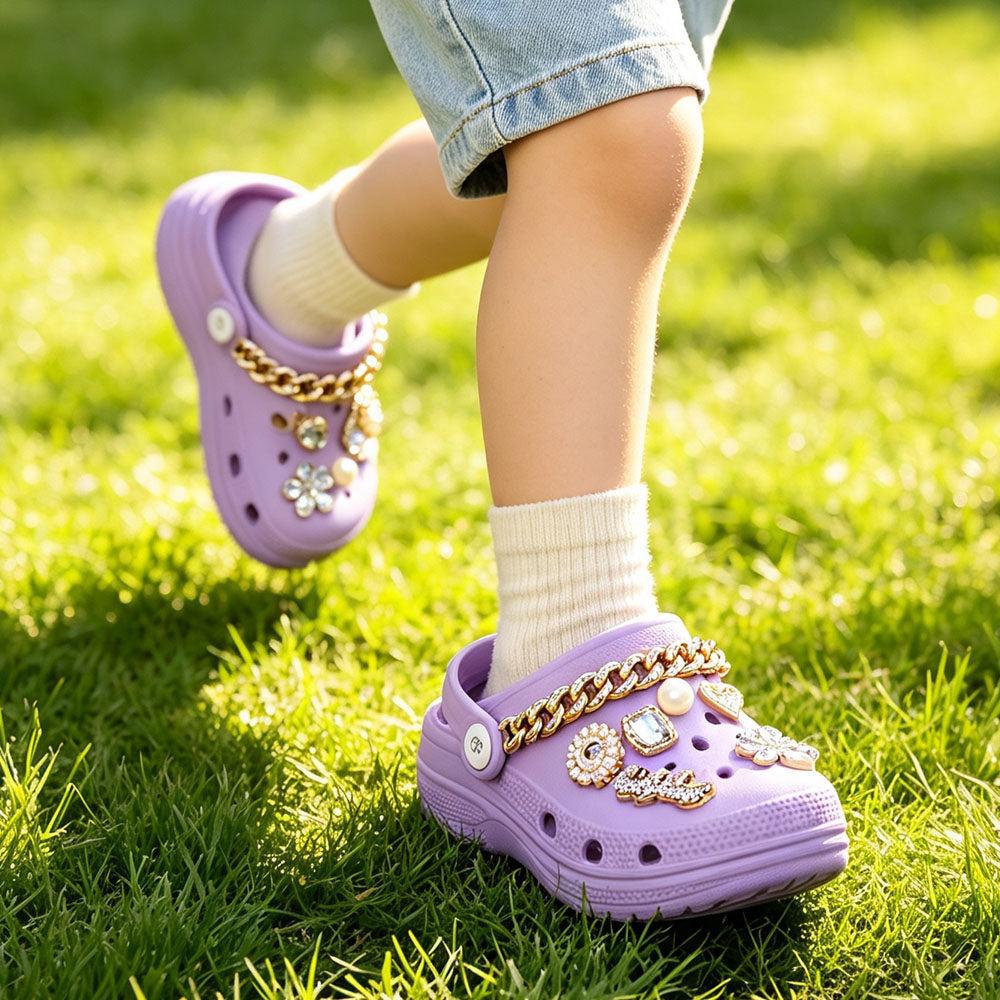 Kids Platform Clogs, Girls Decorative Rhinestone Pearl Chain Charms Clogs, Cute Lightweight EVA Slip On Garden Shoes, Anti-Slip Beach Water Sandals for Toddler Little Kids