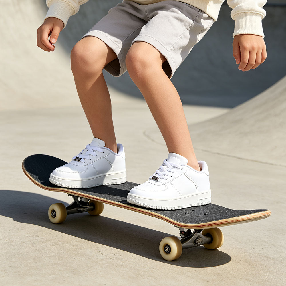 Kids White Sneakers, Boys Girls Classic White Casual Platform Skate Shoes, Lightweight Waterproof Leather School Walking Sneakers for Little/Big Kids