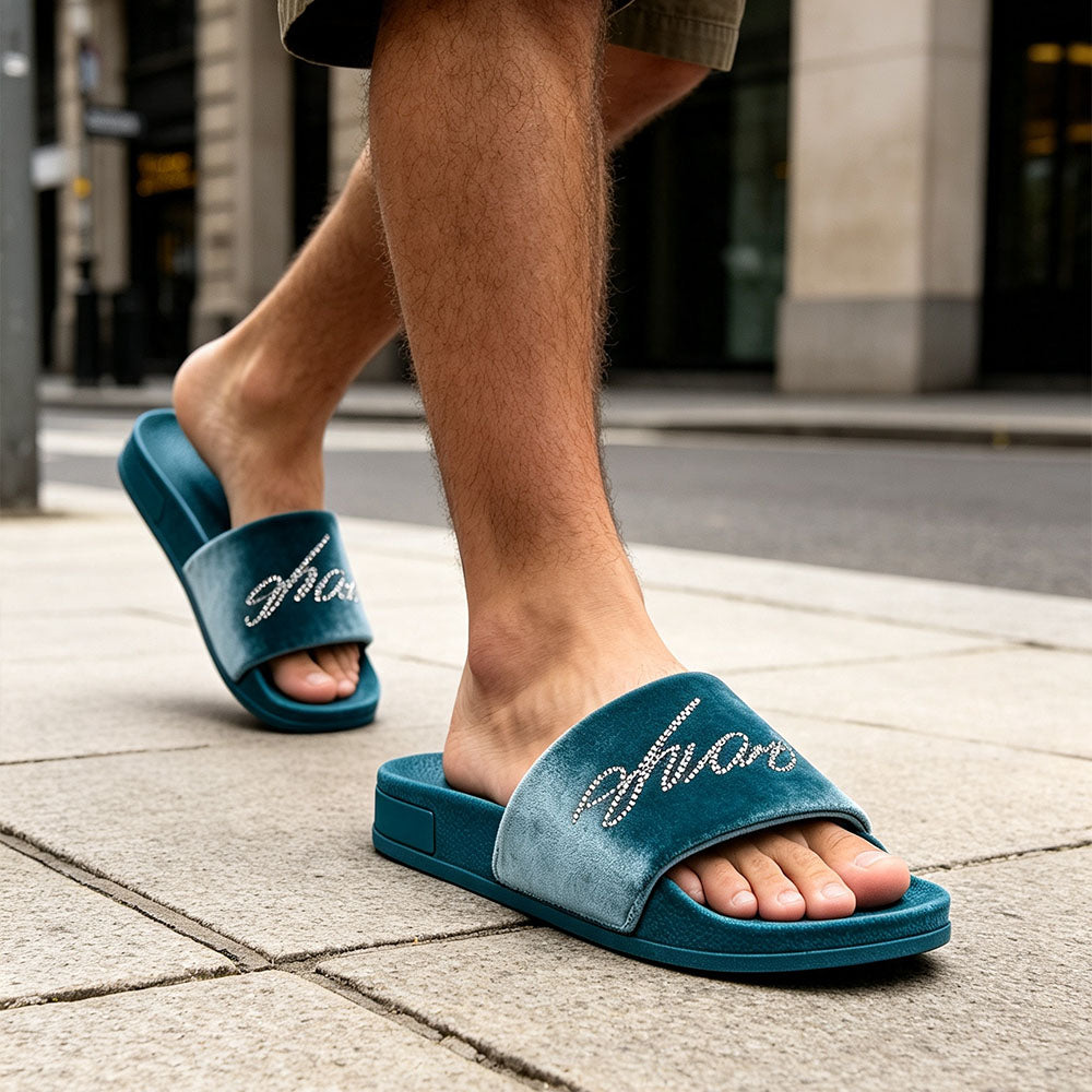 Men Luxury Velvet Slide Sandals, Sparkly Rhinestone Cursive Letter Slip On Open Toe Slippers, Soft Comfort Non-Slip Flat Casual Slides for Street, Pool, Home Daily Wear