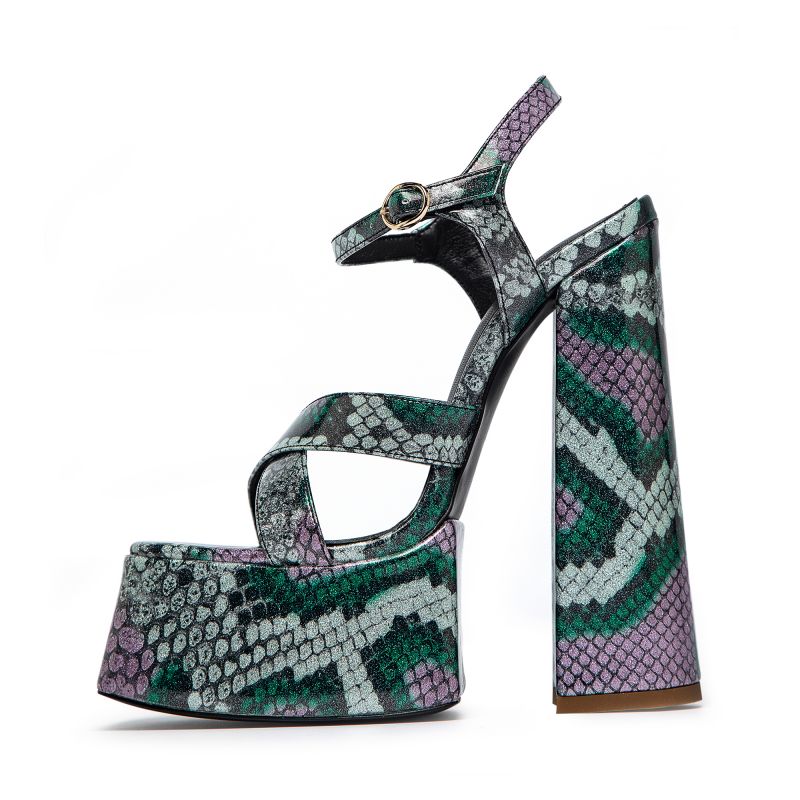 OMINE BROWN GLITTER FAUX SNAKE PLATFORM SANDALS