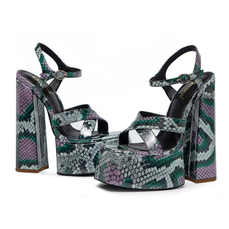 OMINE BROWN GLITTER FAUX SNAKE PLATFORM SANDALS
