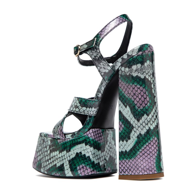 OMINE BROWN GLITTER FAUX SNAKE PLATFORM SANDALS