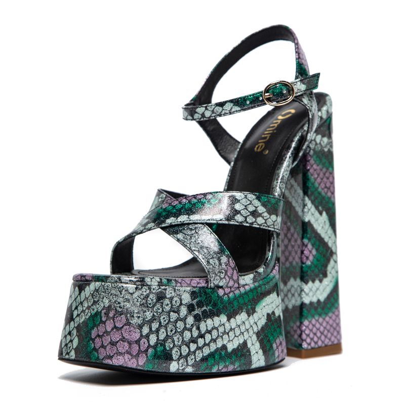 OMINE BROWN GLITTER FAUX SNAKE PLATFORM SANDALS