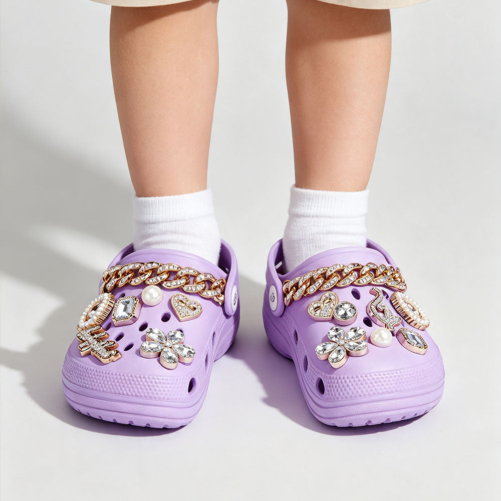 Kids Platform Clogs, Girls Decorative Rhinestone Pearl Chain Charms Clogs, Cute Lightweight EVA Slip On Garden Shoes, Anti-Slip Beach Water Sandals for Toddler Little Kids