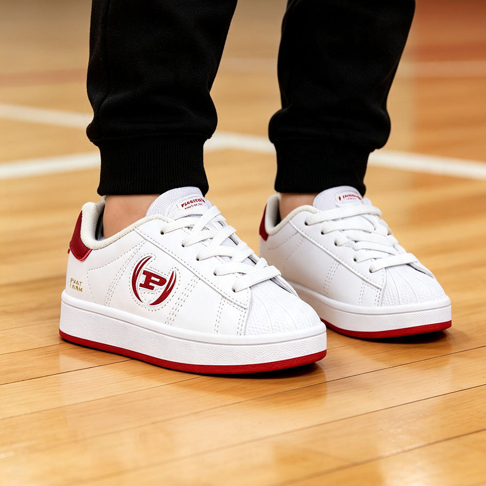 Kids Shell Toe Sneakers, Boys White Red Casual Skate Shoes, Lightweight Leather Walking Shoes, Non Slip Lace Up Toddler Little Kids Fashion Sport Sneakers for Daily School