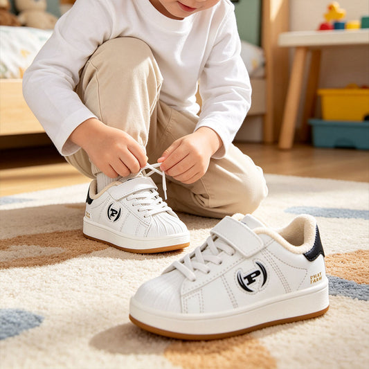 Toddler Boys Girls Warm Lined Shell Toe Sneakers, Winter Fleece Lined Kids Casual White Skate Shoes, Adjustable Hook and Loop Non Slip Rubber Sole Walking Shoes for Little Kids