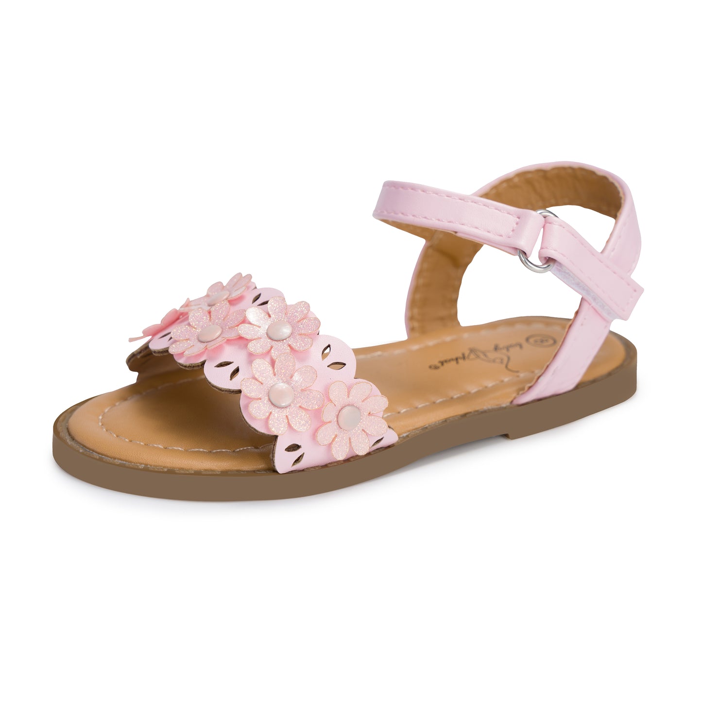Toddler Girls Flower Sandals, Open Toe Princess Summer Sandals with Adjustable Ankle Strap, Cute Pearl Floral Flat Dress Shoes for Little Kids Walking