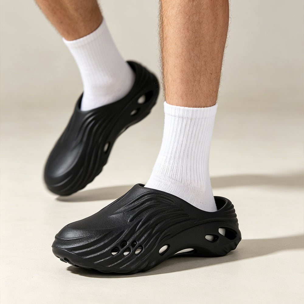 Men's Wave Textured Slip On Clogs, Lightweight EVA Hollow Out Slide Mules, Breathable Platform Water Shoes Non Slip Quick Dry Garden Beach Shower Slippers