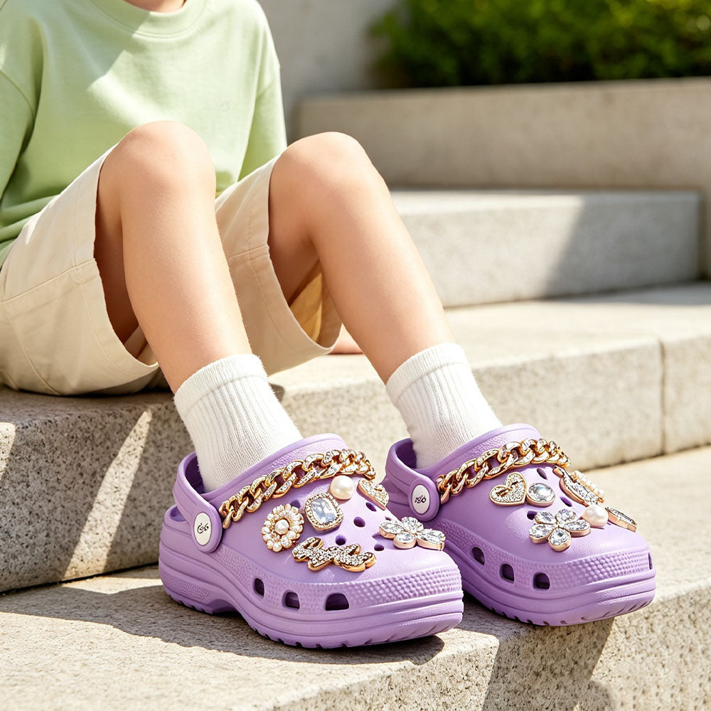 Kids Platform Clogs, Girls Decorative Rhinestone Pearl Chain Charms Clogs, Cute Lightweight EVA Slip On Garden Shoes, Anti-Slip Beach Water Sandals for Toddler Little Kids