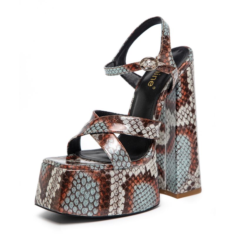 OMINE BROWN GLITTER FAUX SNAKE PLATFORM SANDALS