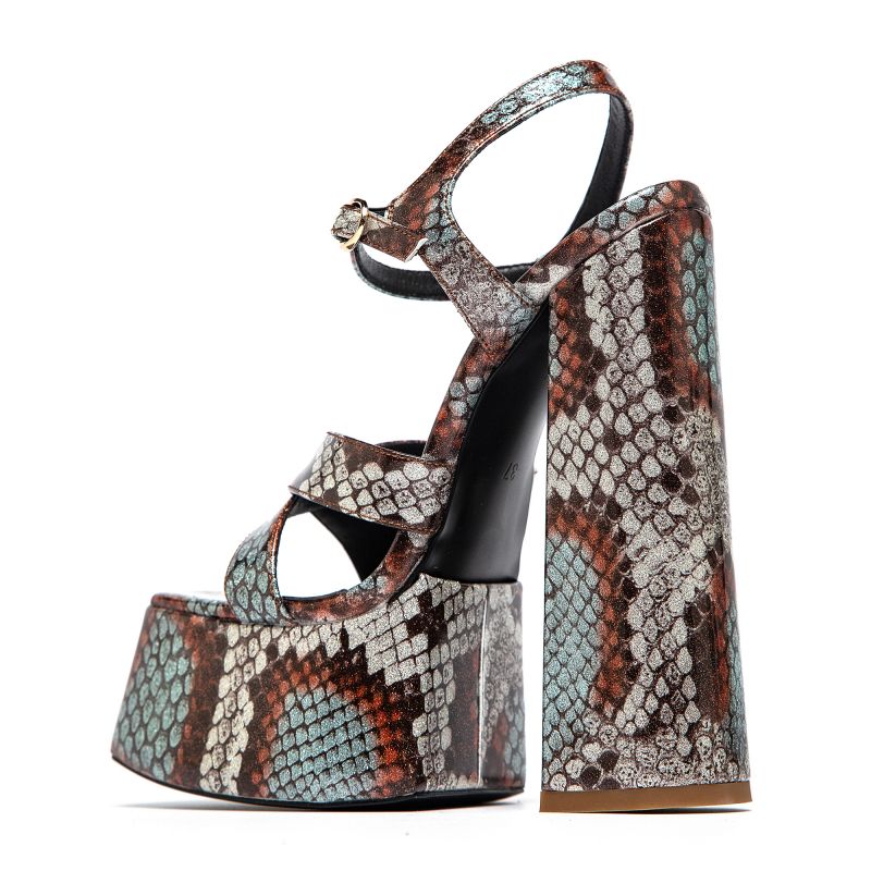 OMINE BROWN GLITTER FAUX SNAKE PLATFORM SANDALS