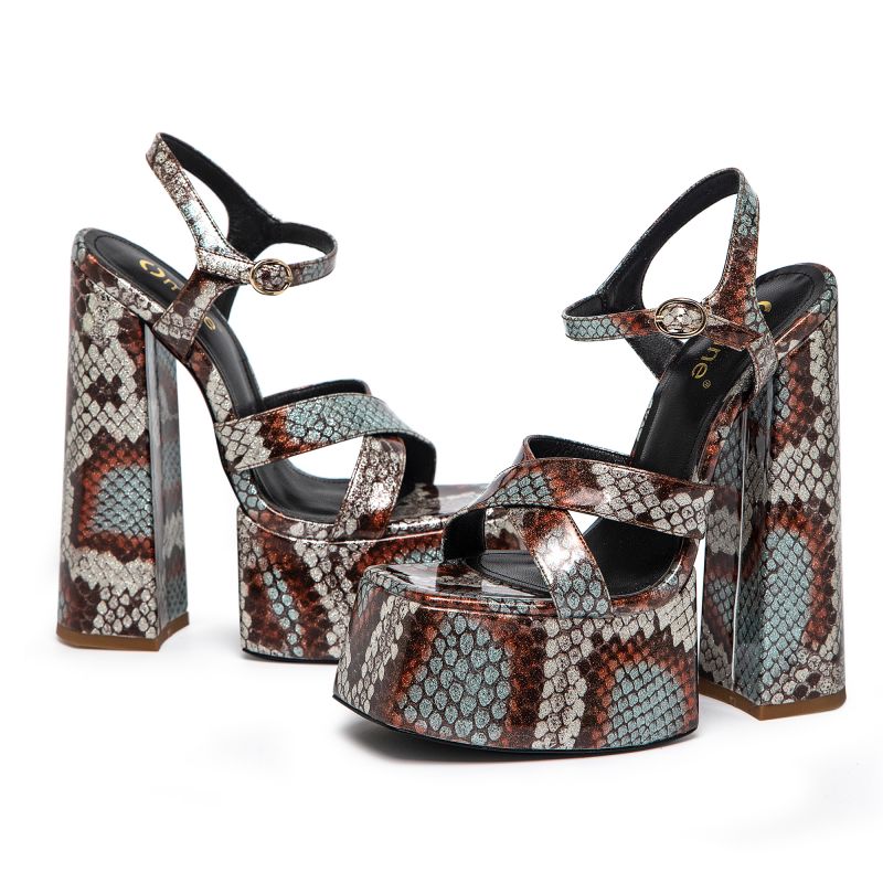 OMINE BROWN GLITTER FAUX SNAKE PLATFORM SANDALS