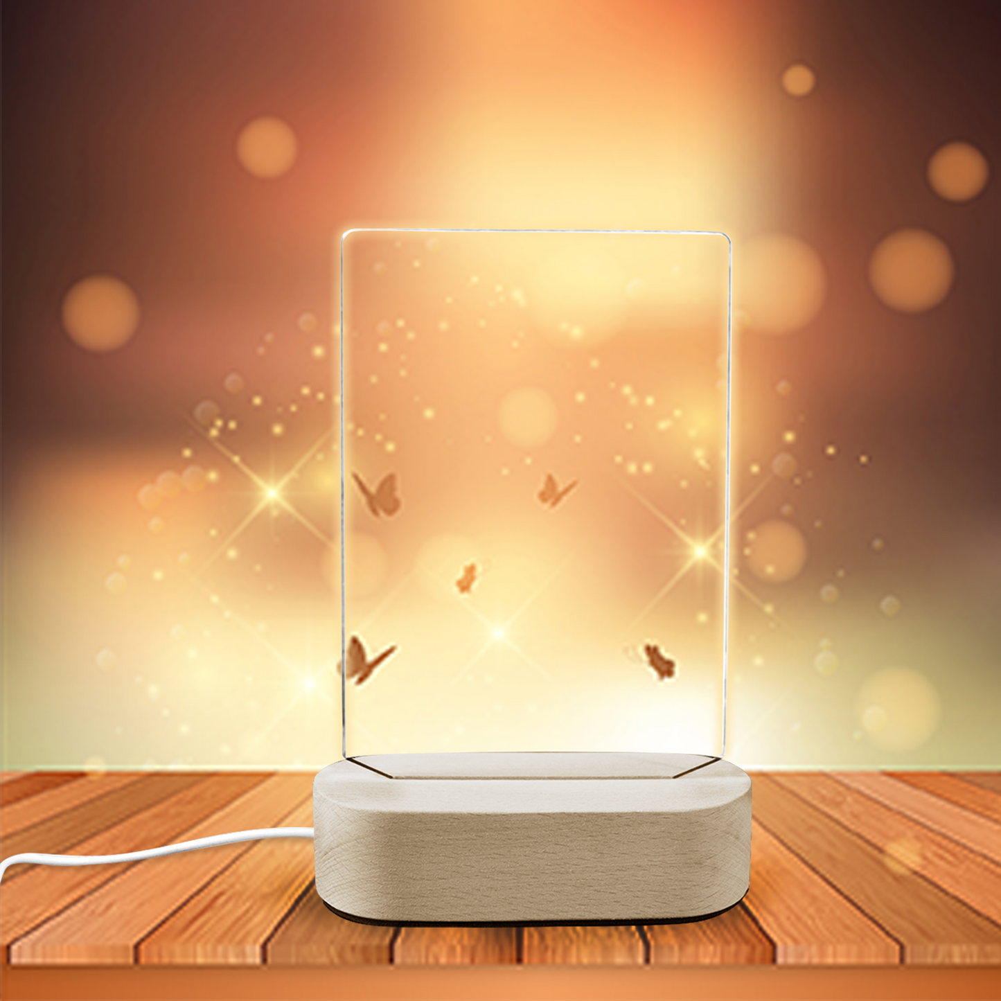 Custom Acrylic Night Light Plaque with Wooden Base – Personalized Photo LED Lamp Gift