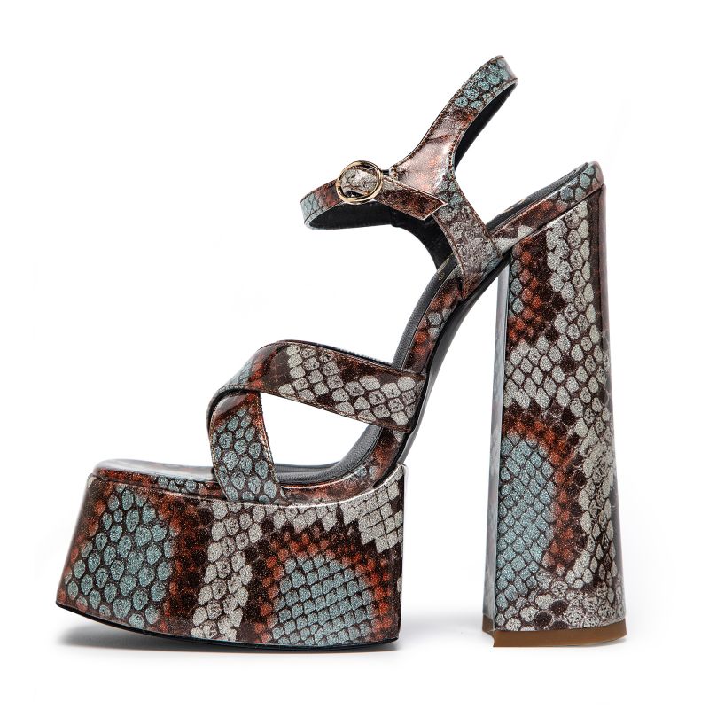 OMINE BROWN GLITTER FAUX SNAKE PLATFORM SANDALS