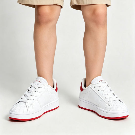Kids Shell Toe Sneakers, Boys White Red Casual Skate Shoes, Lightweight Leather Walking Shoes, Non Slip Lace Up Toddler Little Kids Fashion Sport Sneakers for Daily School