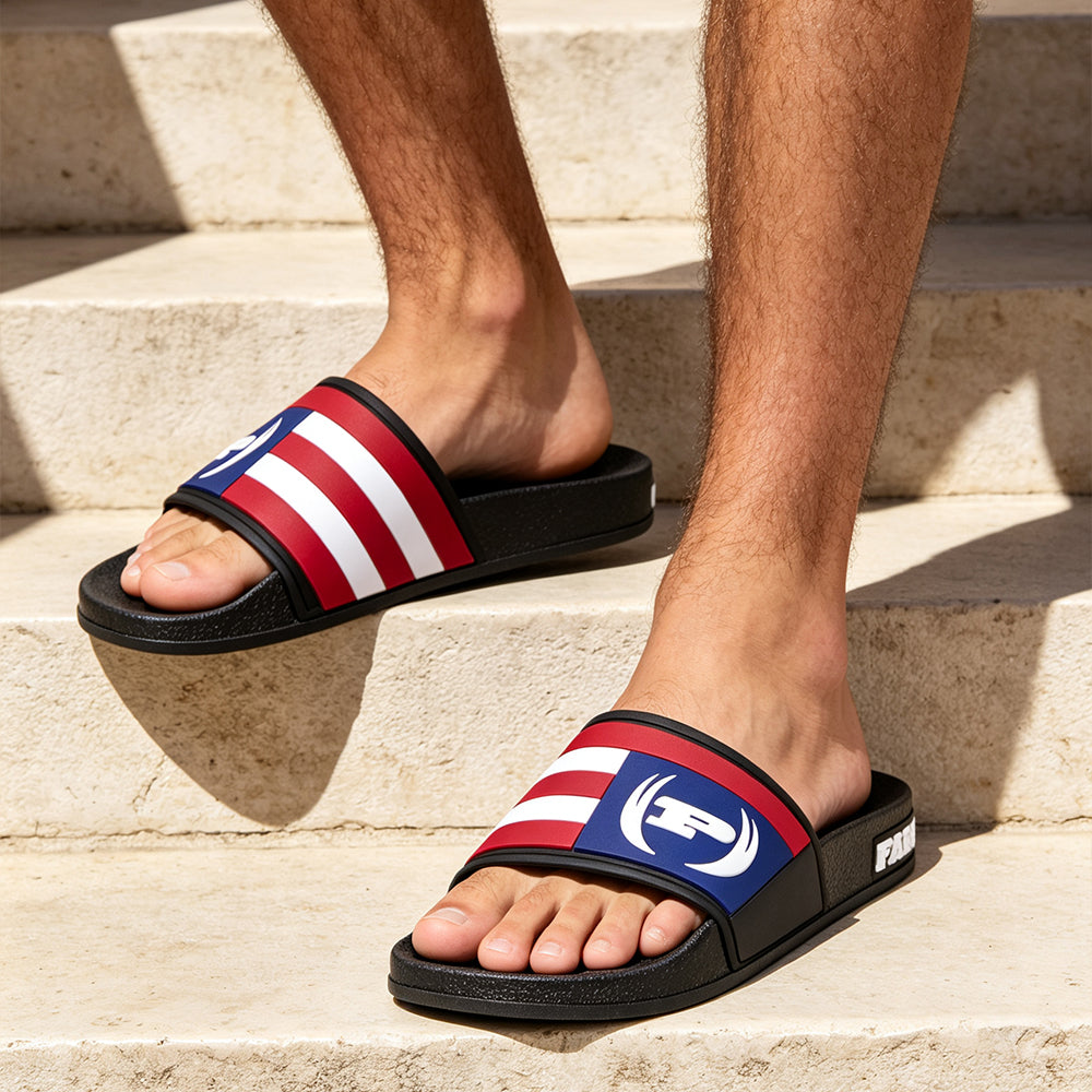Men's American Flag Slide Sandals, Patriotic USA Stripe Open Toe Slip On Slippers, Comfort Soft EVA Non Slip Shower Slide Sandals for Indoor Outdoor Beach Pool Walking