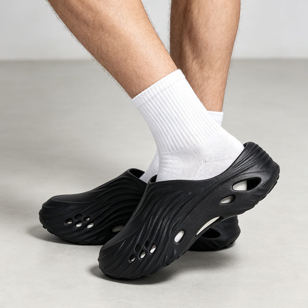 Men's Wave Textured Slip On Clogs, Lightweight EVA Hollow Out Slide Mules, Breathable Platform Water Shoes Non Slip Quick Dry Garden Beach Shower Slippers