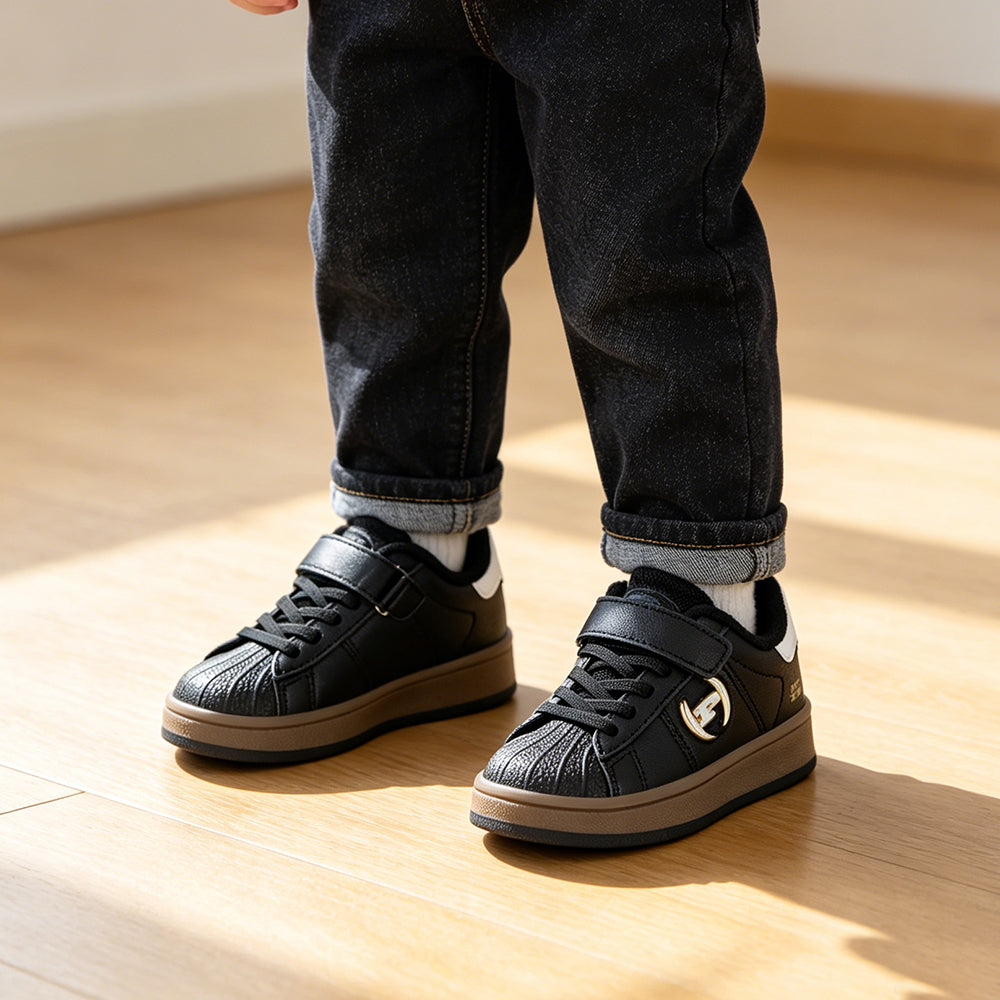 Phat Farm Toddler Boys Shell Toe Sneakers, Adjustable Hook and Loop Strap Casual Walking Shoes, Non-Slip Gum Rubber Sole Leather Kids Skate Board Sneakers for Little Kids