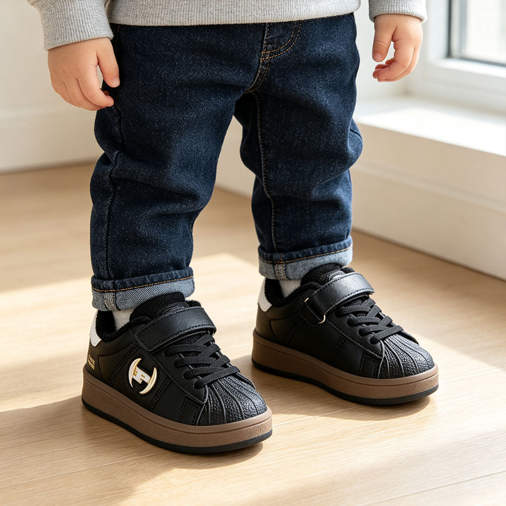 Toddler Boys Girls Winter Sneakers, Warm Fleece Lined Shell Toe Casual Shoes, Adjustable Strap Leather Kids Skate Board Shoes Non Slip Rubber Sole Walking Shoes for Little Kid