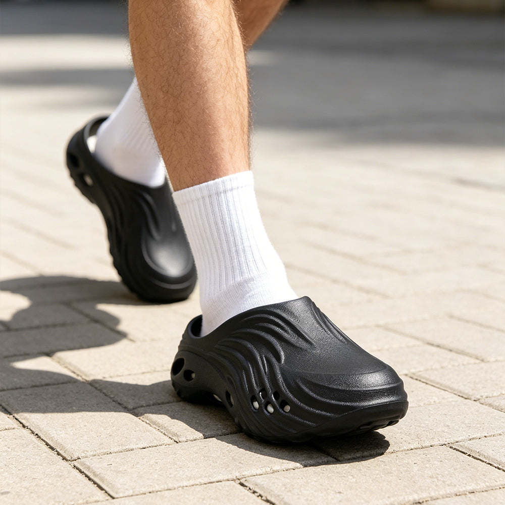Men's Wave Textured Slip On Clogs, Lightweight EVA Hollow Out Slide Mules, Breathable Platform Water Shoes Non Slip Quick Dry Garden Beach Shower Slippers