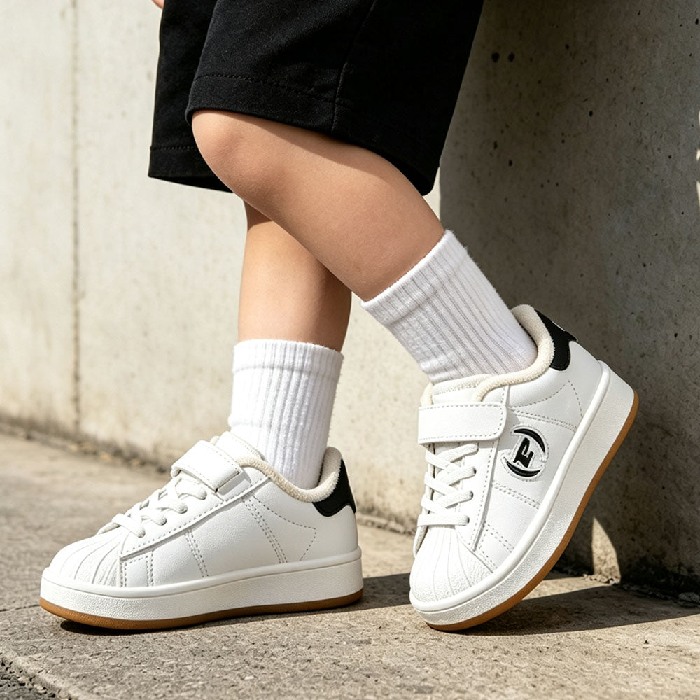 Toddler Boys Girls Warm Lined Shell Toe Sneakers, Winter Fleece Lined Kids Casual White Skate Shoes, Adjustable Hook and Loop Non Slip Rubber Sole Walking Shoes for Little Kids