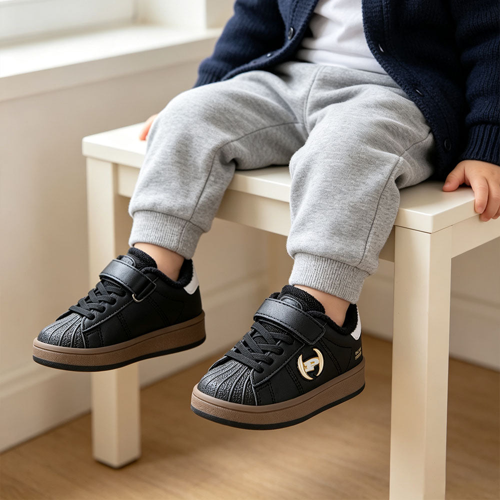 Toddler Boys Girls Winter Sneakers, Warm Fleece Lined Shell Toe Casual Shoes, Adjustable Strap Leather Kids Skate Board Shoes Non Slip Rubber Sole Walking Shoes for Little Kid
