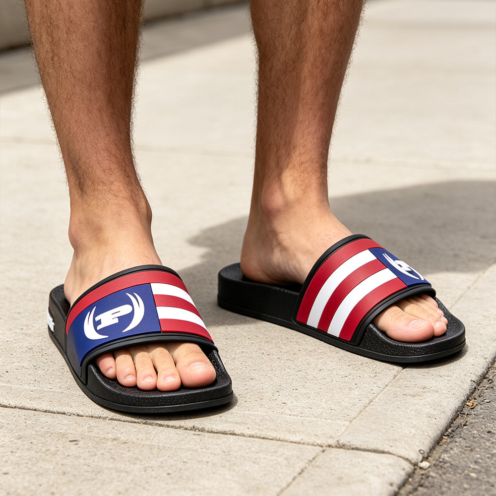 Men's American Flag Slide Sandals, Patriotic USA Stripe Open Toe Slip On Slippers, Comfort Soft EVA Non Slip Shower Slide Sandals for Indoor Outdoor Beach Pool Walking